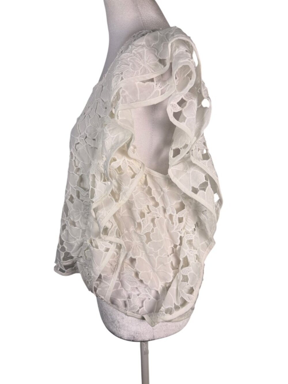 Entro White Floral Lace Blouse Large | 3D Embroidered Flutter Sleeve Top - Picture 4 of 9